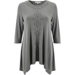 Carolyn Taylor Top Medium Gray Sharkbite Hem Studded Rhinestone Knit Sweater